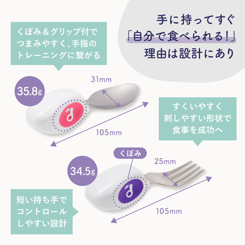 くぼみ&グリップ付きの設計を紹介する図。フォーク35.8g・スプーン34.5gの重さと長さ105mmの仕様を掲載